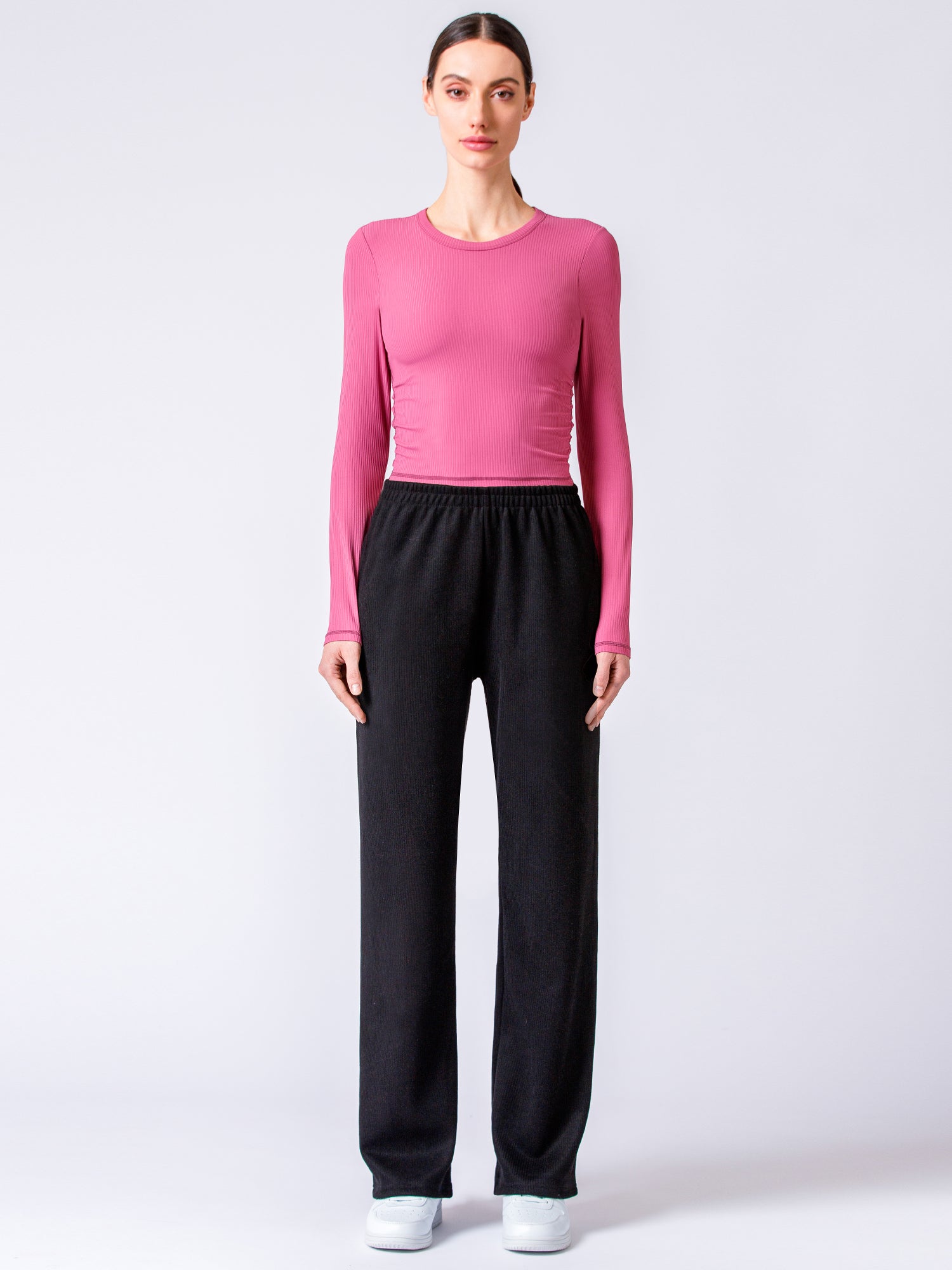 RIBBED HIGH WAIST WINTER FLEECE WIDE LEG SWEATPANTS