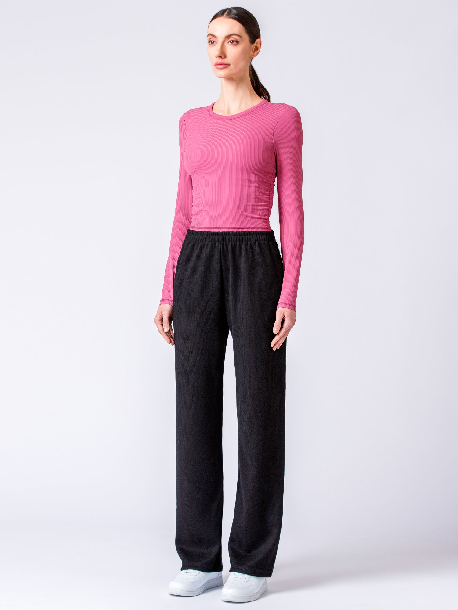 RIBBED HIGH WAIST WINTER FLEECE WIDE LEG SWEATPANTS