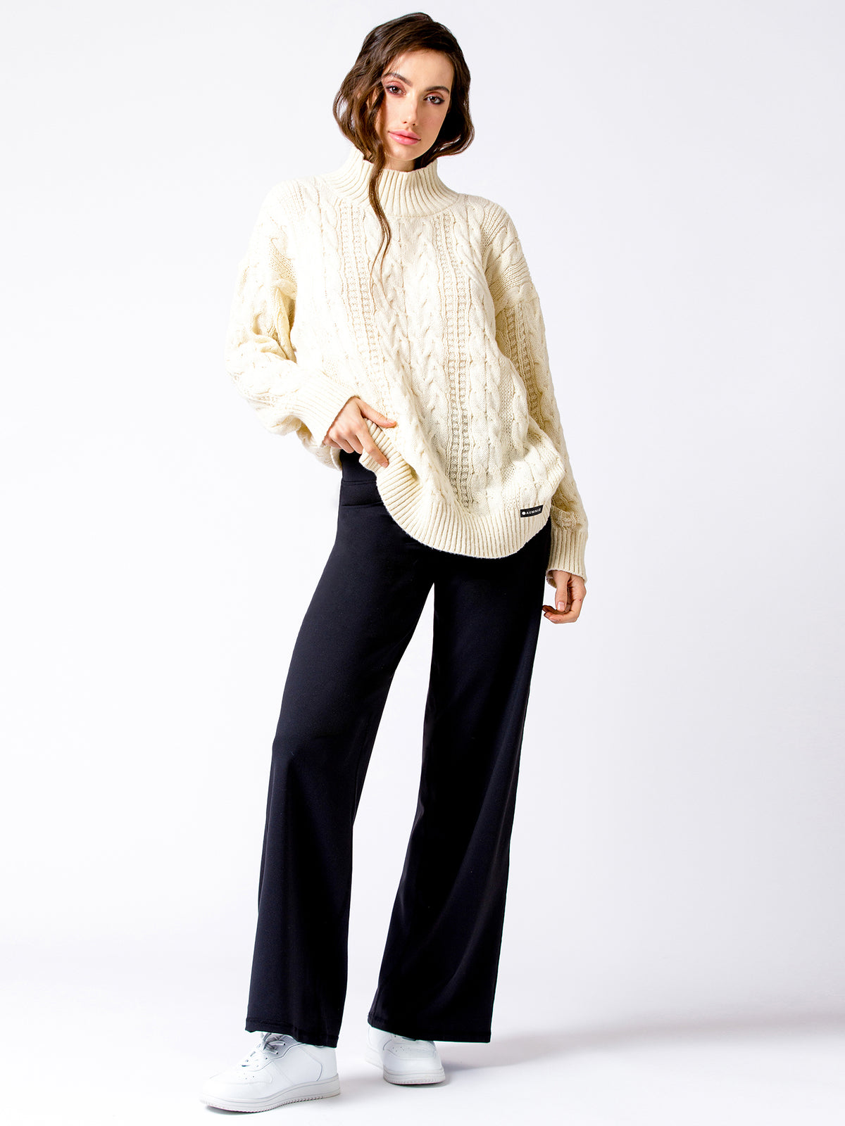 VINTAGE MOCK NECK OVERSIZED CABLE KNIT SWEATER, CREAM