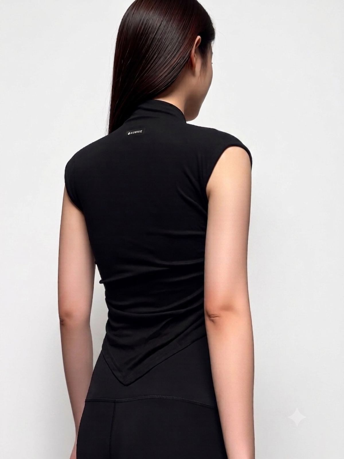 CRYSTAL RUCHED MOCK NECK TANK, BLACK