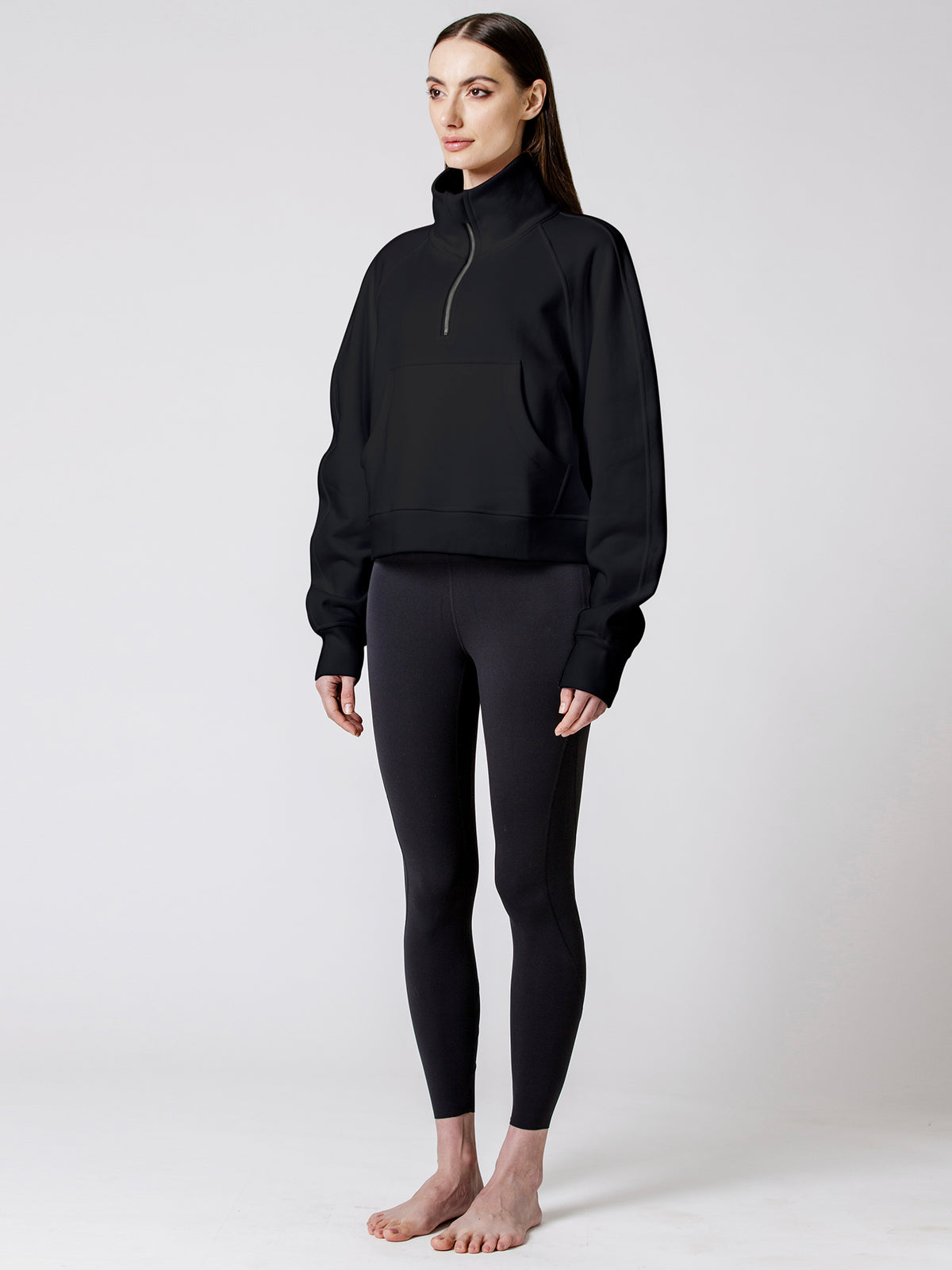 COLLARED HALF ZIP RELAXED SWEATSHIRT, BLACK