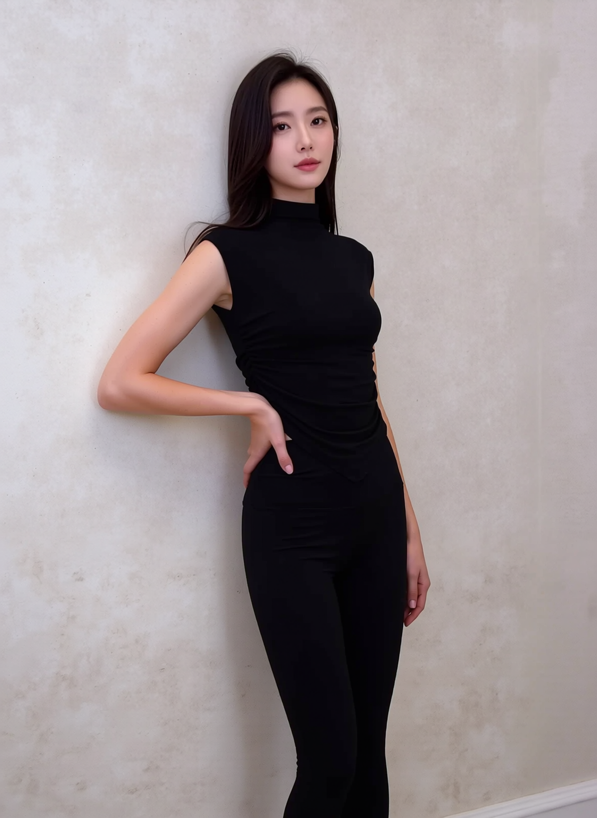 CRYSTAL RUCHED MOCK NECK TANK, BLACK