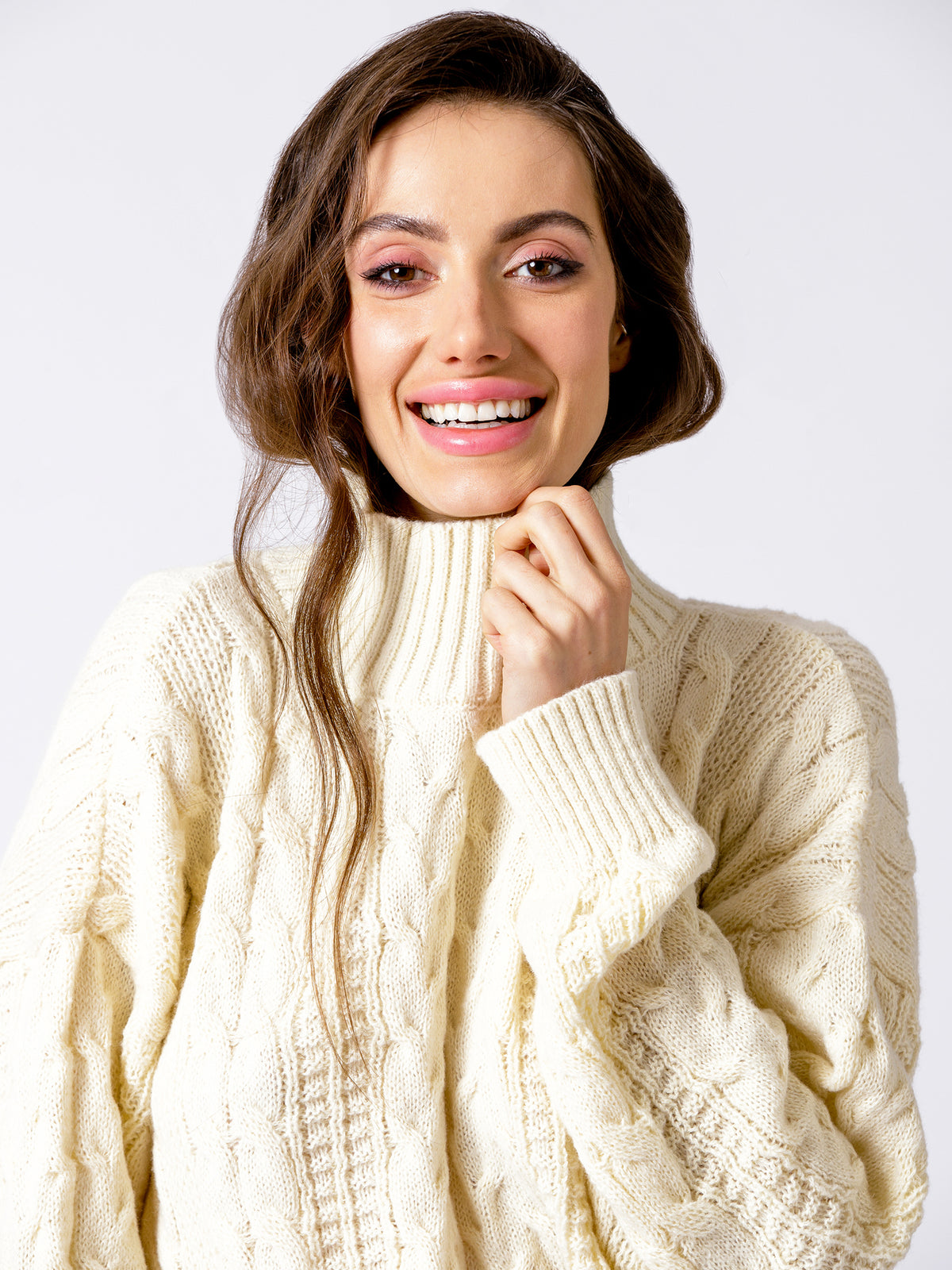 VINTAGE MOCK NECK OVERSIZED CABLE KNIT SWEATER, CREAM