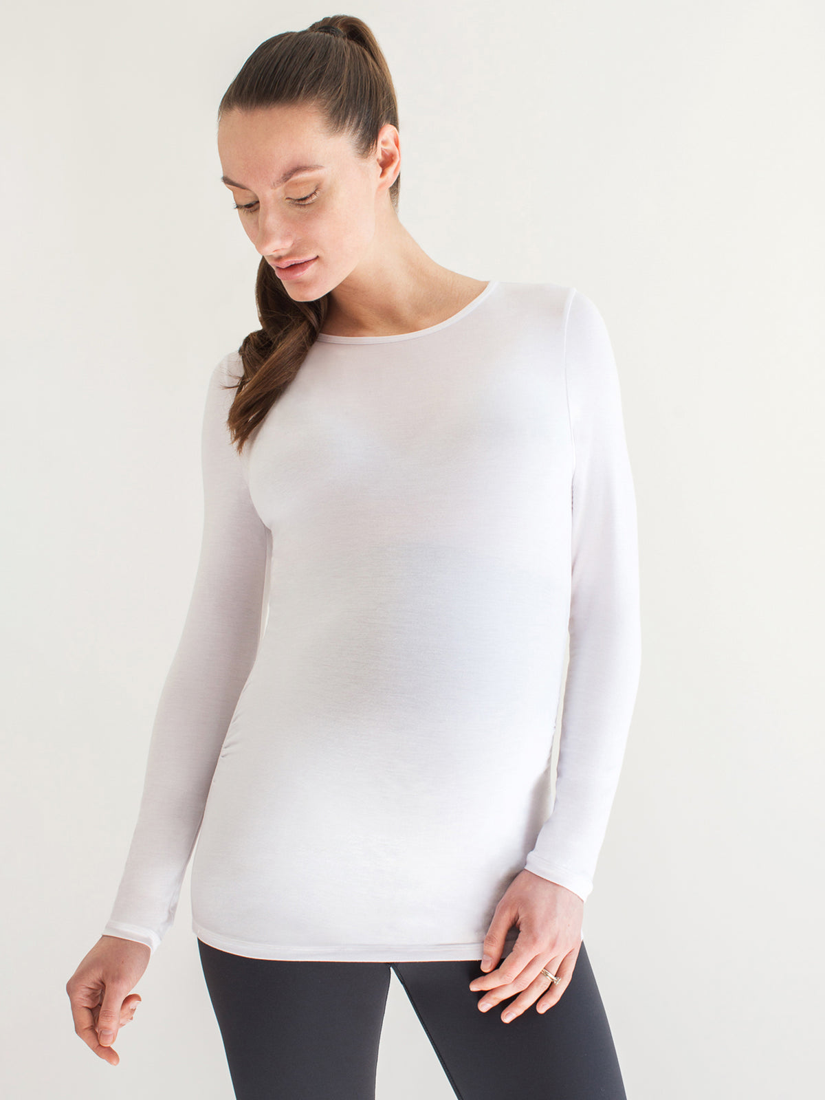 MATERNITY SOFT STRETCH LONG SLEEVE TEE, WHITE