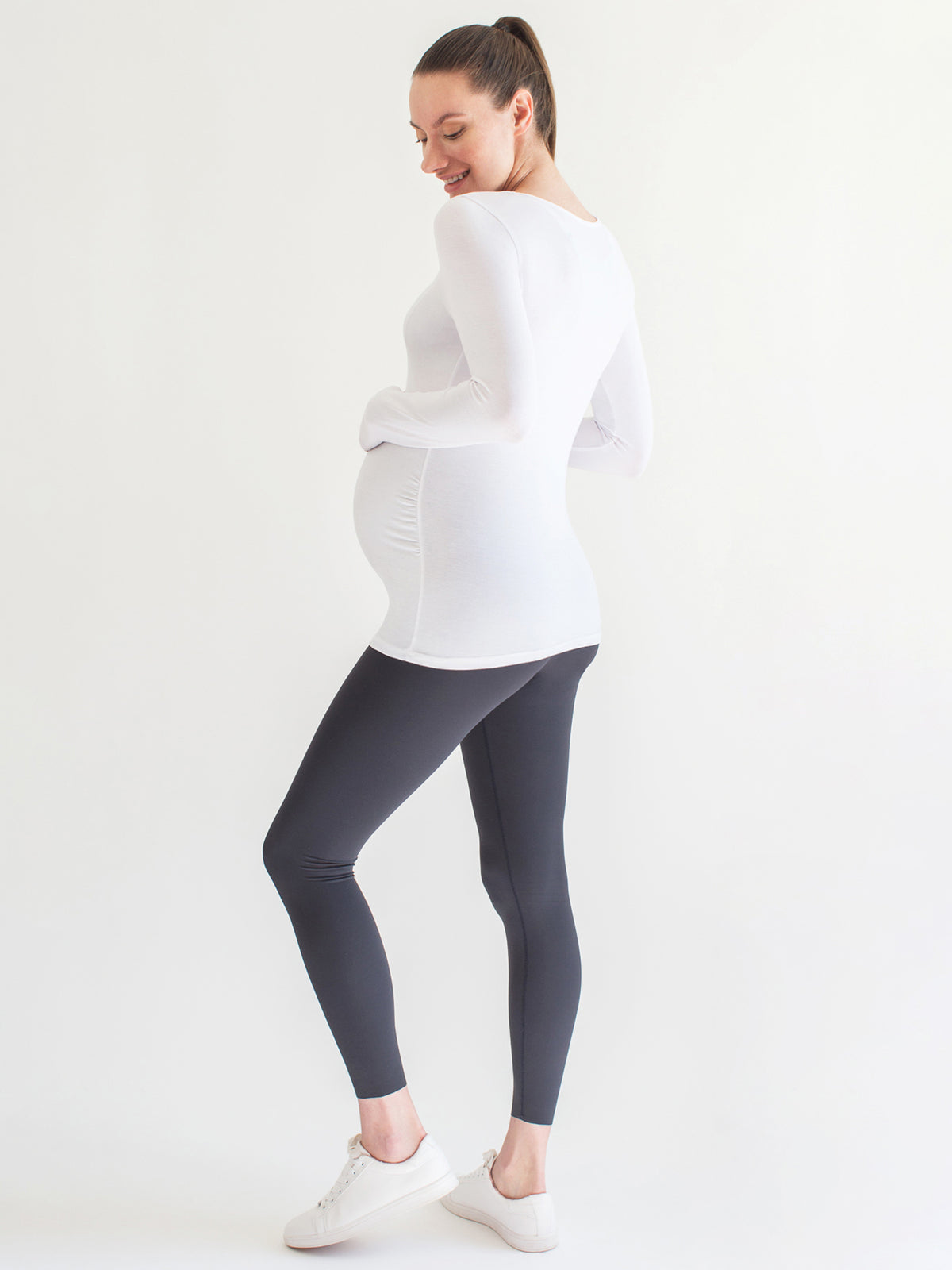 MATERNITY SOFT STRETCH LONG SLEEVE TEE, WHITE