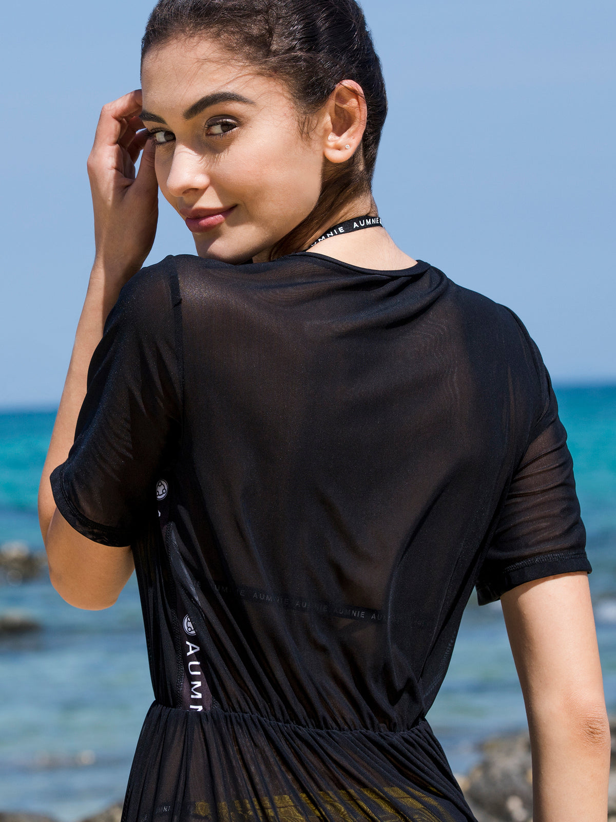 FITTED MESH TEE DRESS, BLACK