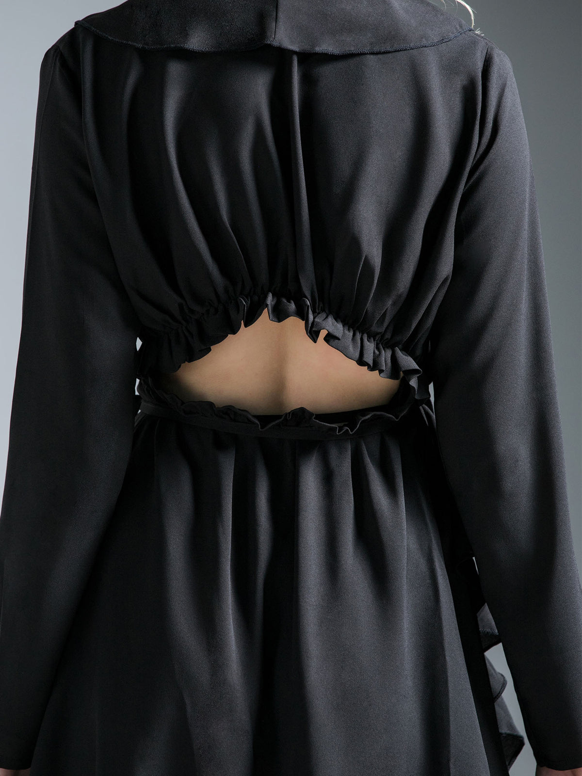 RUFFLED WRAP MINI DRESS, BLACK