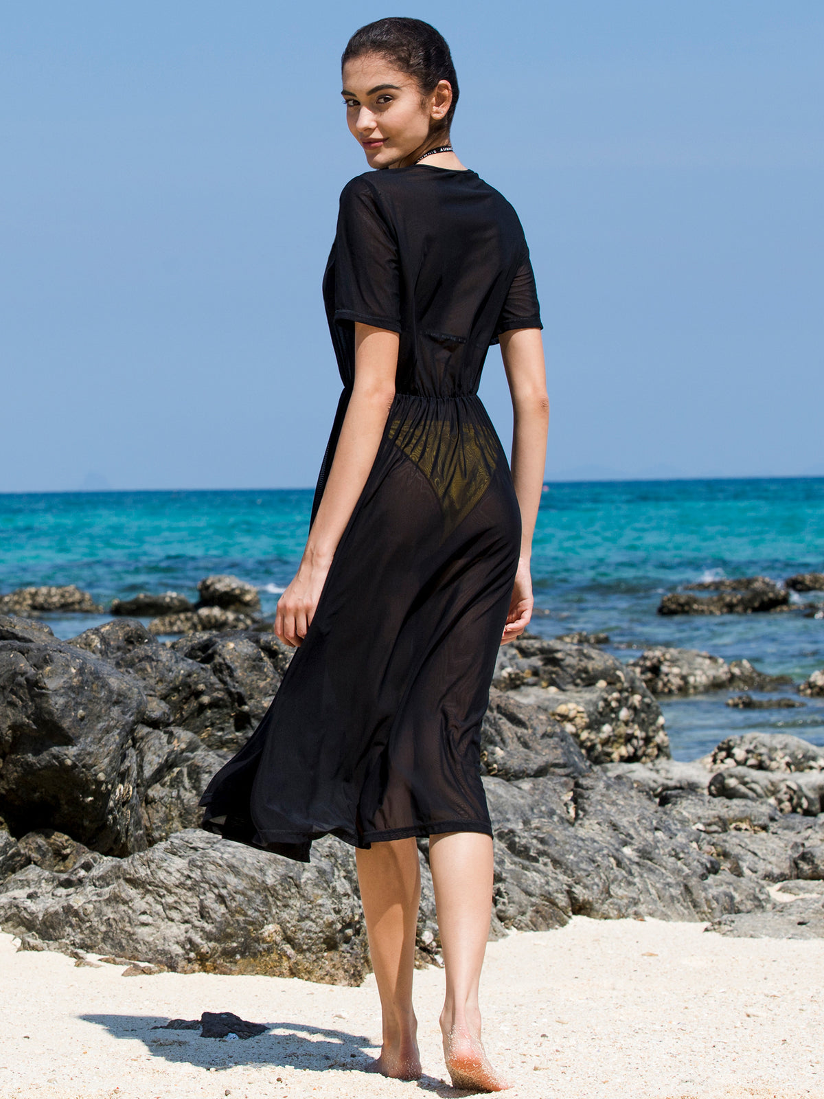 FITTED MESH TEE DRESS, BLACK